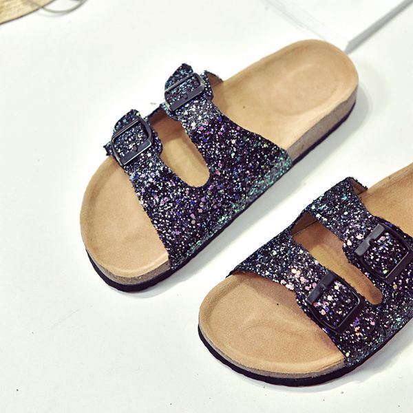 

summer women luxury beach cork slippers casual sandals sequins slides double buckle clogs women slip on flip flops flats shoe, Black