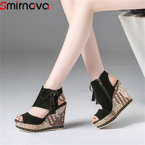 

smirnova 2021 fashion summer arrival shoes woman platform wedges cross tied sandals women suede leather prom, Black