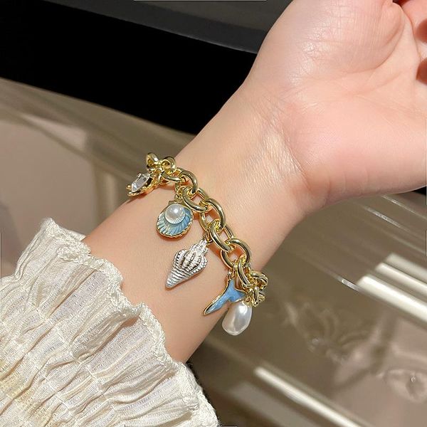 

charm bracelets u-magical natural freshwater pearl handmade plait fishtail bee bracelet for women coin medallion flower jewelry, Golden;silver