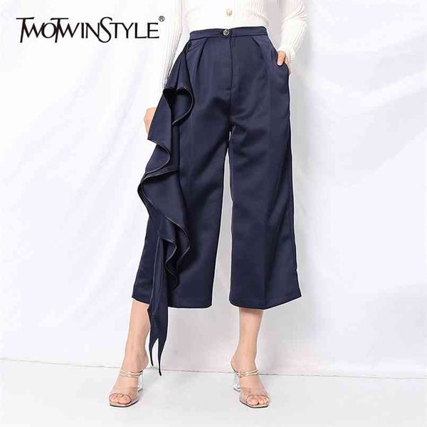 

patchwork ruffles wide leg pants for women high waist ruched loose calf length trousers female clothing 210521, Black;white
