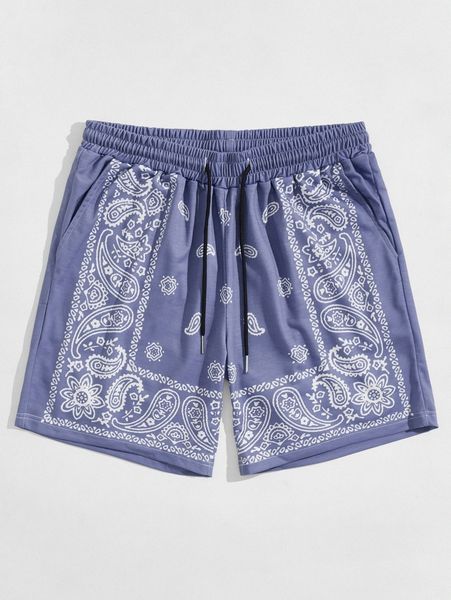 

romwe guys paisley print drawstring shorts v1qq#, Black