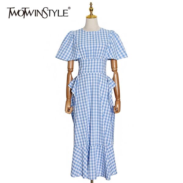

patchwork plaid women dress o neck short sleeve high waist ruffle hit color elegant dresses female style 210520, Black;gray