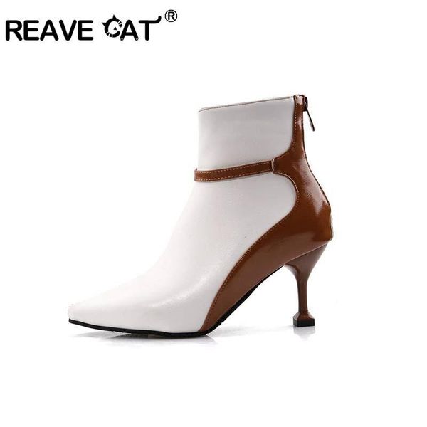 

boots reave cat shoes women ankle high heels pointed toe zipper footwear female party wedding botas feminino, Black