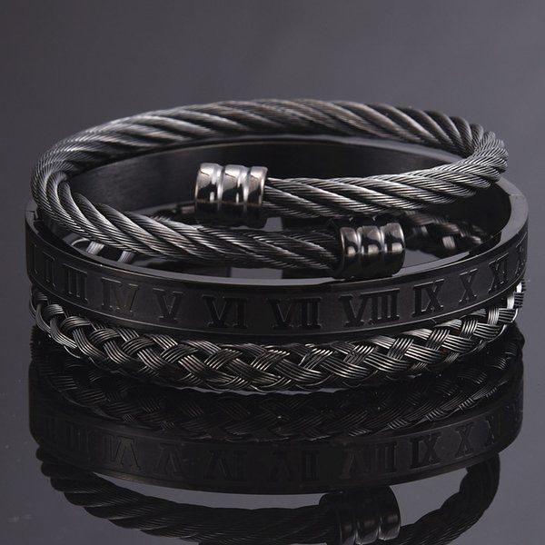 

factory outlet 3pcs/set roman numeral men bracelet handmade stainless steel hemp rope buckle open bangles pulseira bileklik luxury jewelry, Golden;silver