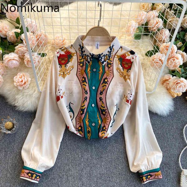 

nomikuma vintage printing womens and blouses spring new elegant shirt causal long sleeve turn-down collar blusas 6f349 210427, White