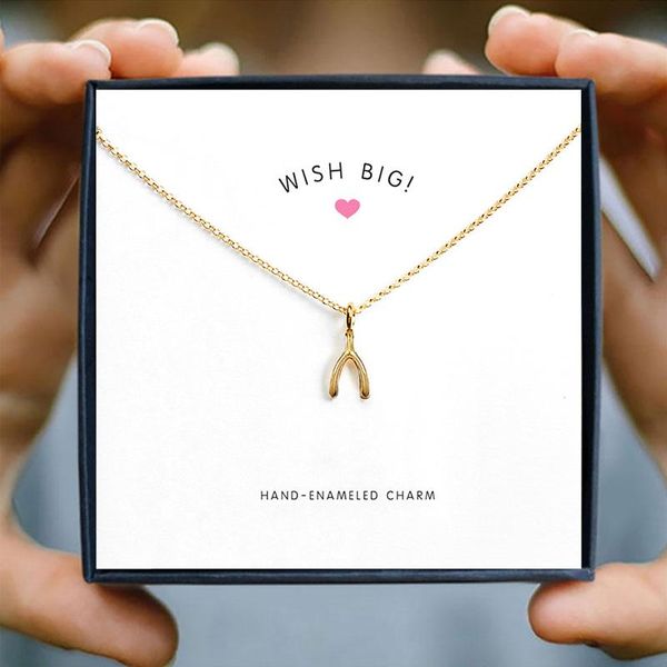 

pendant necklaces simple wish bone necklace women gold color alloy clavicle short chain jewelry with card christmas gift box for girl friend, Silver