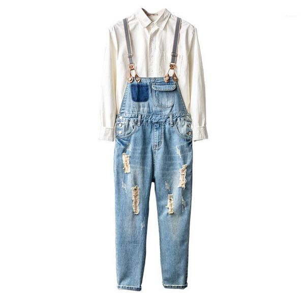 

men's pants nostalgic retro ripped denim cropped trousers summer couple slim fit overalls motorcycle bib, Black