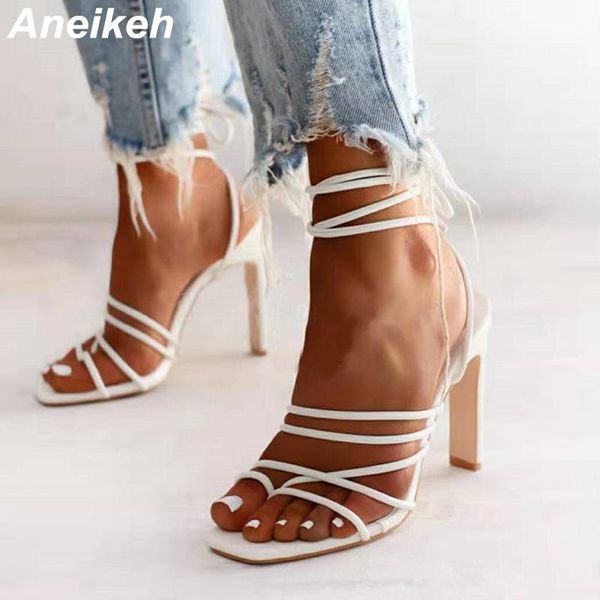 

sandals aneikeh pu rome cross-tied pinch foot women's high peep toe thin heels solid fashion 2021 summer party shoes, Black
