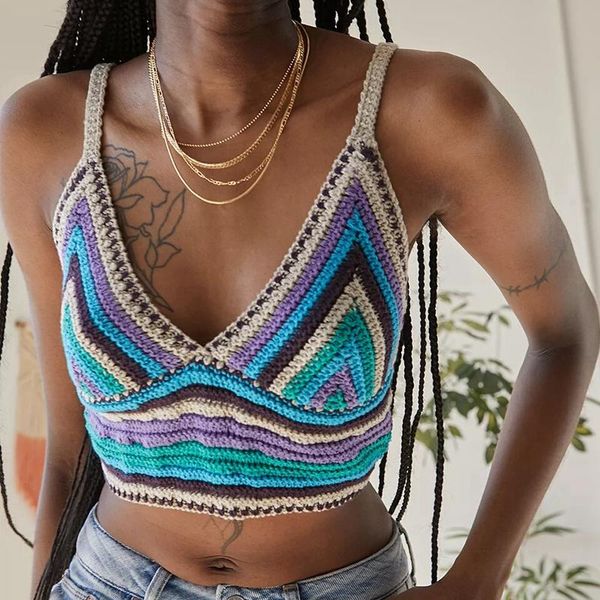 

women's tanks & camis colorful striped knitted cami 90s vintage summer beach boho sleeveless spaghetti strap crop women y2k aesthet, White
