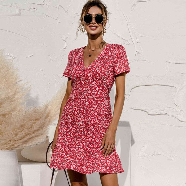 

summer women's dress casual short sleeve deep v-neck floral dot print fashion boho style a-line mini femme 210526, Black;gray