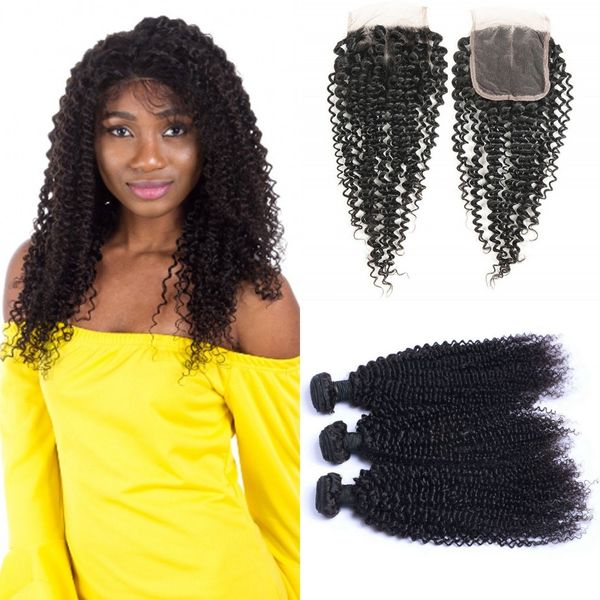 

8a mongolian human hair kinky curly and closures natural color 4x4 lace closure with 3 bundles hair wefts, Black;brown