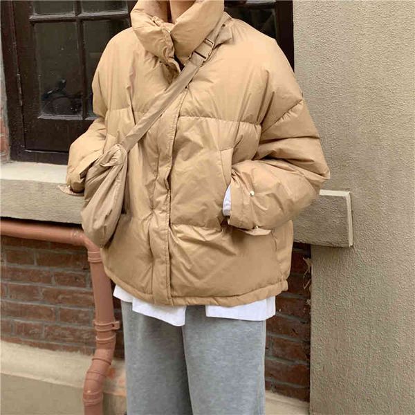 

ol autumn winter jacket women bread clothes casual elegant warm coat solid loose outwear parkas female with bag 210421, Black