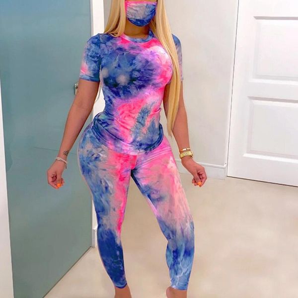 

women's tracksuits summer women with mask two pieces set tie dyed tshirt push up long pants sports joggers suit skinny outfits, Gray