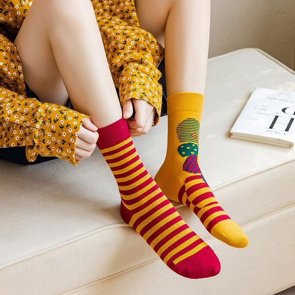 

socks & hosiery women crew fashion 1 pair cotton breathable girls ab asymmetry long retro korean style sock, Black;white
