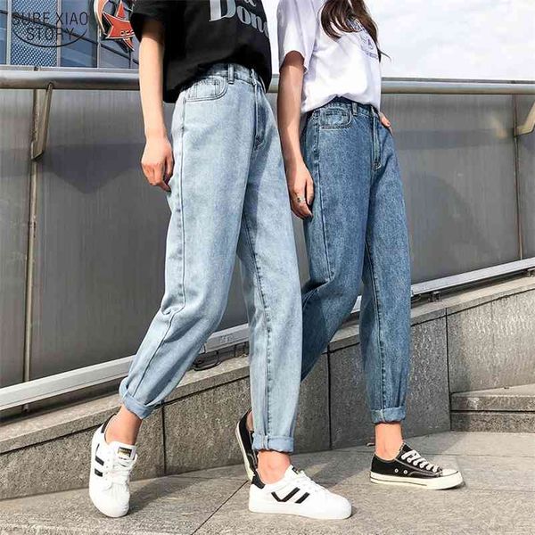 

plus size boyfriend jeans elastic waist cotton loose washed vintage denim trouser high woman streetwear 10424 210508, Blue