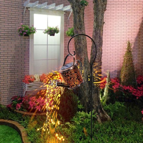 

solar lamps led kettle light wrought iron hollow flower watering can fairy lamp outdoor waterproof yard art ornament garden deco