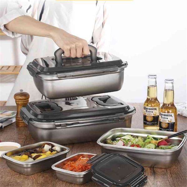 Koreanische Edelstahl Lunchbox Induktionsherd Heizung Kühlschrank Lebensmittelbehälter Büro Auslaufsicher Bento Küchenzubehör 210709
