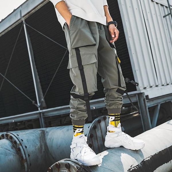 

men's pants drop ribbons streetwear joggers men casual slim mens multi-pockets ankle-length harem trousers, Black