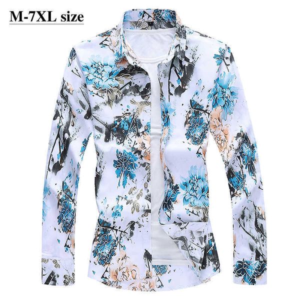 

autumn men's long sleeve flower shirt chinese style printing fashion business slim fit casual shirts plus size 5xl 6xl 7xl 210628, White;black
