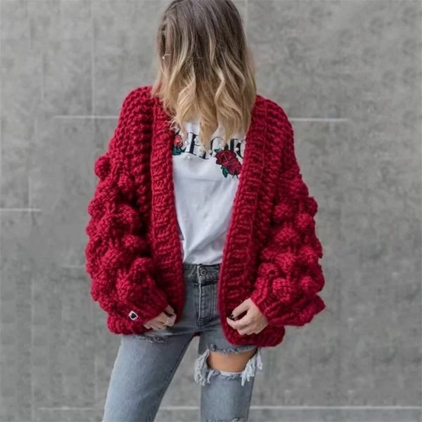 Cappotto cardigan lavorato a maglia con maniche a lanterna caldo autunno inverno Maglione grande da donna 210922
