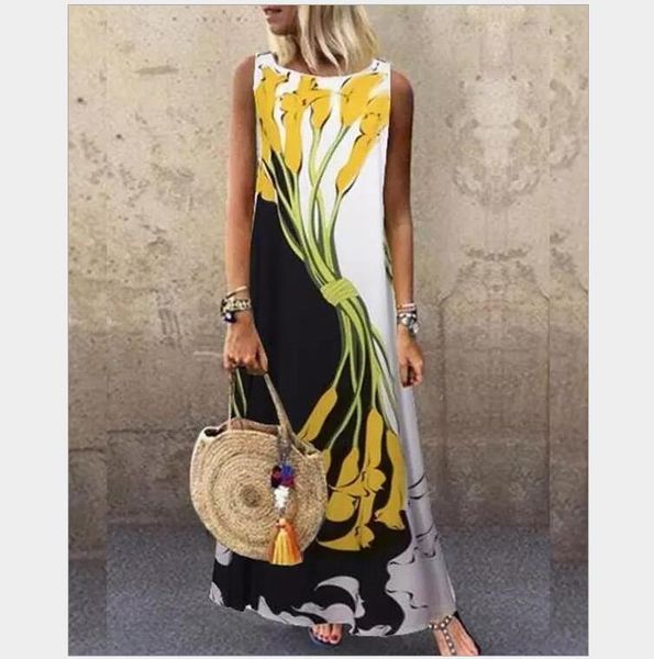 

sundress women summer dress 2021 printing midi plus size casual linen loose sleeveless printed long maxi dresses, Black;gray