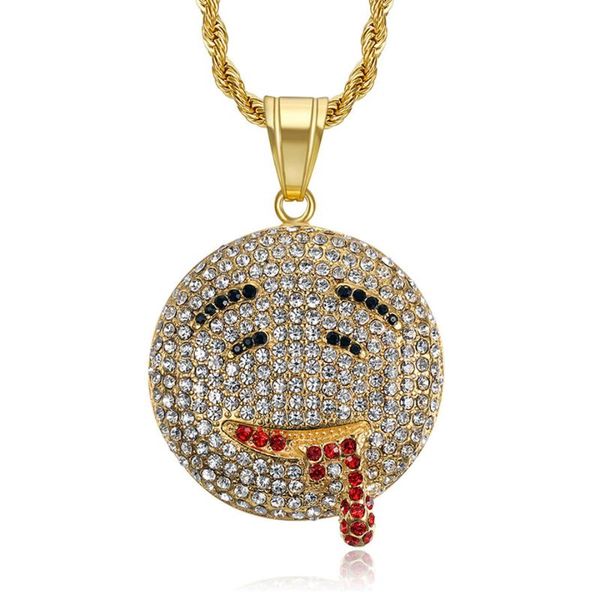

pendant necklaces hip hop iced out bling full cz drool round face with rope chain gold color stainless steel men women jewelry, Silver