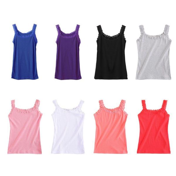 

women's tanks & camis women summer sleeveless tank u-neck slim basic vest lace trim solid candy color ribbed knit bottoming shirt, White