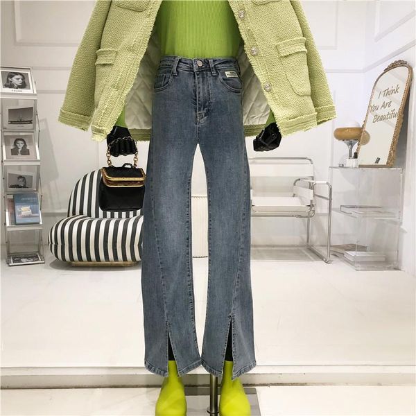 

niche design blue high waisted jeans women's 2021 style loose split flared pants slim