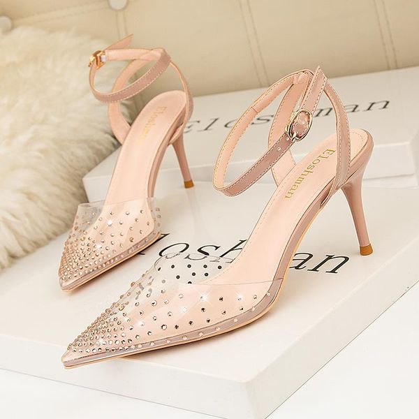 

sandals 2021 fashion rhinestone pvc transparent pumps shoes stilettos high heels women pointed toe party silver wedding, Black