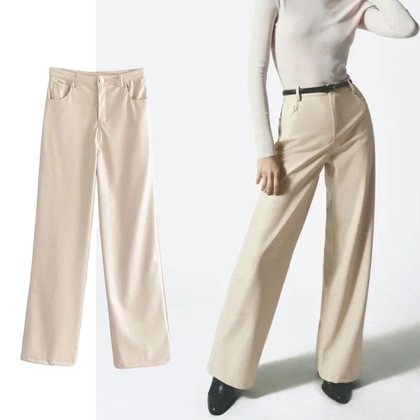 

women's pants & capris za for women the 2022 fashion faux leather wide legs vintage high waist zipper female ankle trousers chic, Black;white