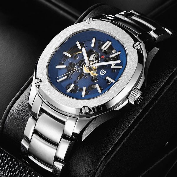 

men watch mechanical hand wind mens watches skeleton clock sapphire relogio masculino wristwatches, Slivery;brown