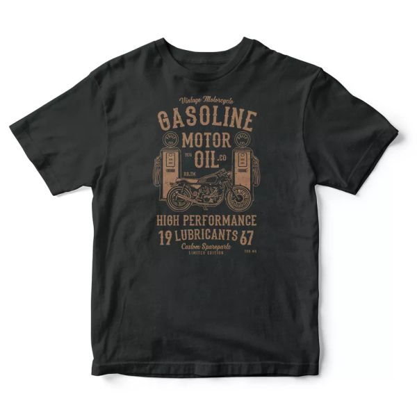 

Gasoline Motor Oil Vintage Biker T-shirt Motorcycle Motors Spirit t shirt tee, White;black