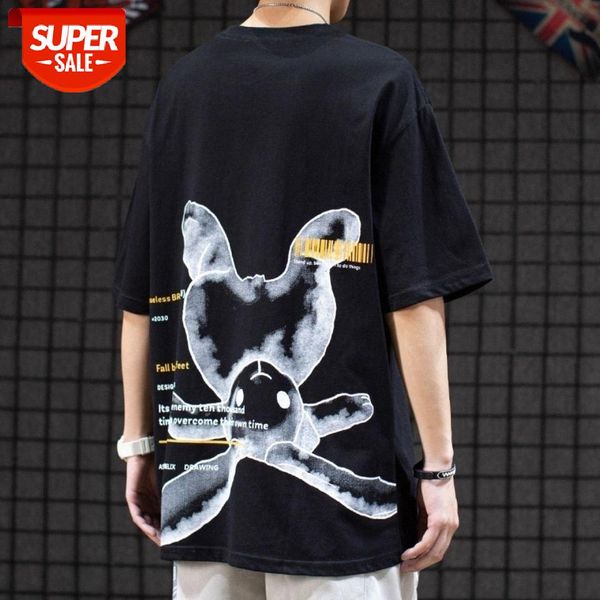 

summer national tide brand hip-hop cartoon printing round neck short-sleeved t-shirt men and women couple ins loose casual half-sleeve #0v7u, White;black