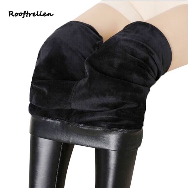 

rooftrellen 8%spandex large size plus velvet leggings women pu leather winter legging thickening warm 211216, Black