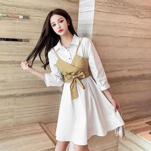 

casual dresses style bandage tube strap + medium and long solid color long-sleeved shirt dress two-piece suit women, Black;gray