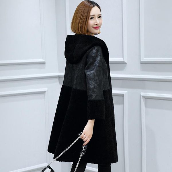 

women's fur & faux jacket shearling sheep women 2021 autumn winter real wool coats hooded double-faced outwerwear plus size 4xl ot1780, Black