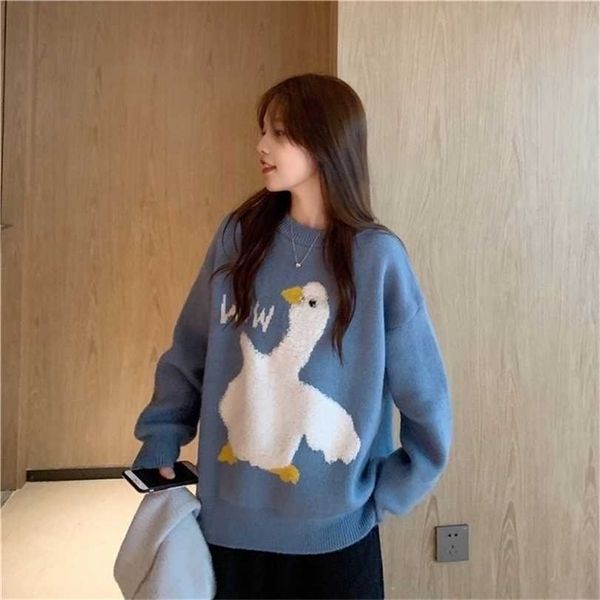 

casual o neck knitted sweater female korean version cartoon duck letter autumn winter long sleeve pullover jumper women 211217, White;black