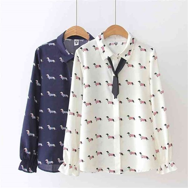 Bonito Dachshund Imprimir Mulheres Blusa Chiffon Camisa Preppy Style Cão Cachorro-Down Collar Bowtie Flare Manga Mola Outono T83701 210421