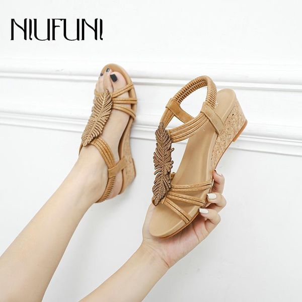 

sandals niufuni casual bohemian wedges women's summer roman shoes platform rhinestone leaf open toe hollow elastic band, Black