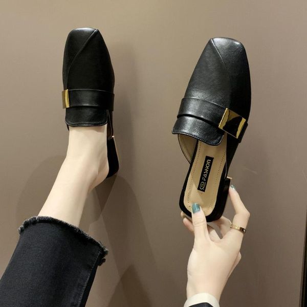 

slippers women wear net red one-foot thick-heeled baotou half-drag fashion single shoes, Black