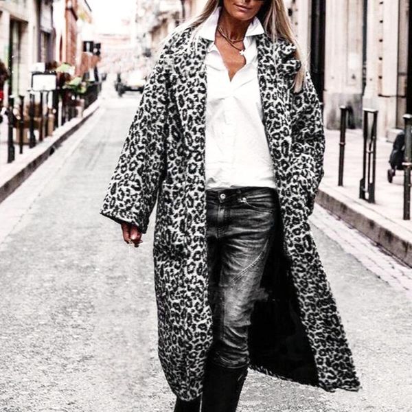 

women's trench coats winter ladies loose leopard print long-sleeved mid-length pocket plaid coat #xy, Tan;black