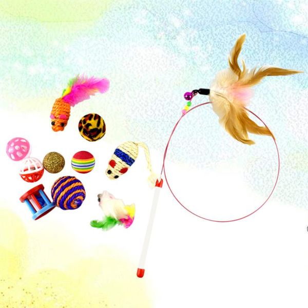 

cat toys 11pcs feather teaser wand pet rings cats supplies (random color)