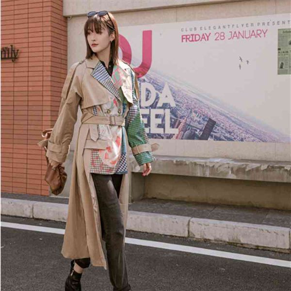 

casual dresses spring windbreaker women long-sleeve abstract pattern print stitching fashion ladies irregular hem trench overcoat, Black;gray