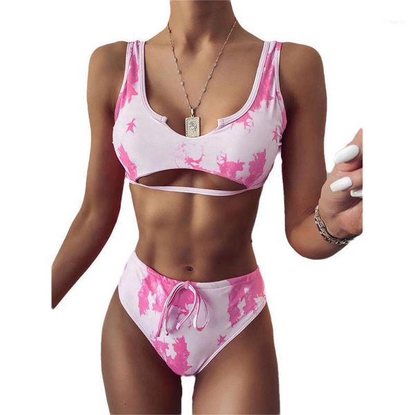 

women bikini set tie dyeing pattern padded hollow design high waist drawing straps swimming suit bathing suits1, White;black