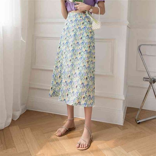 

summer printing mid-length skirt korean-style a-line high-waist womens elegant skirts 210507, Black
