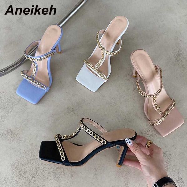 

aneikeh summer high heel head peep toe shallow shoes fashion metal chain slip on women mules concise outside slippers 35-39 210615, Black