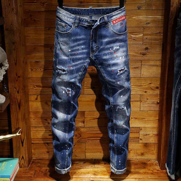 

jeans autumn blue hole men's slim stretch leggings paint spot stitching splash ink brand pants