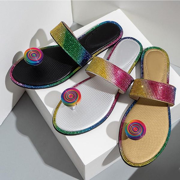 

summer flat flip flops ladies rainbow color diamond clip toe slippers 2021 fashion crystal elegant women shoes plus size, Black