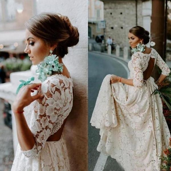 

other wedding dresses boat neck with 3/4 sleeves backless bohemian country plus size bridal gowns vestidos de novia lace open back boho dres, White