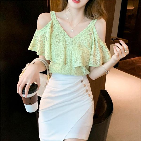 

women's blouses & shirts summer fashion elegant blouse short sleeve chiffon shirt women v-neck ruffle lace hollow feminine, White